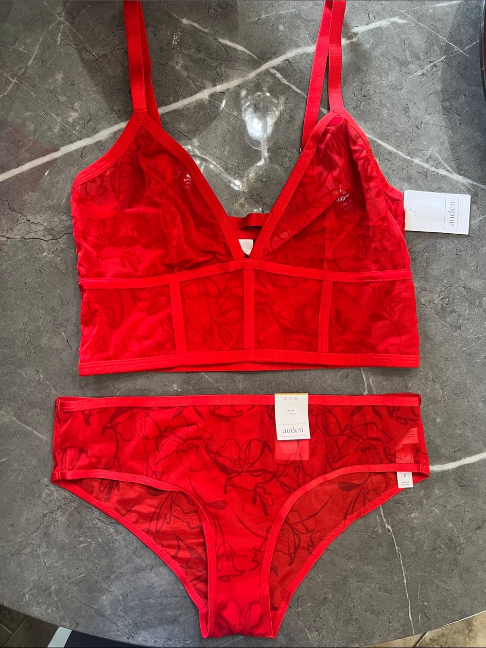 Auden Red Floral Mesh Bralette & Bikini Set with Sheer Detail